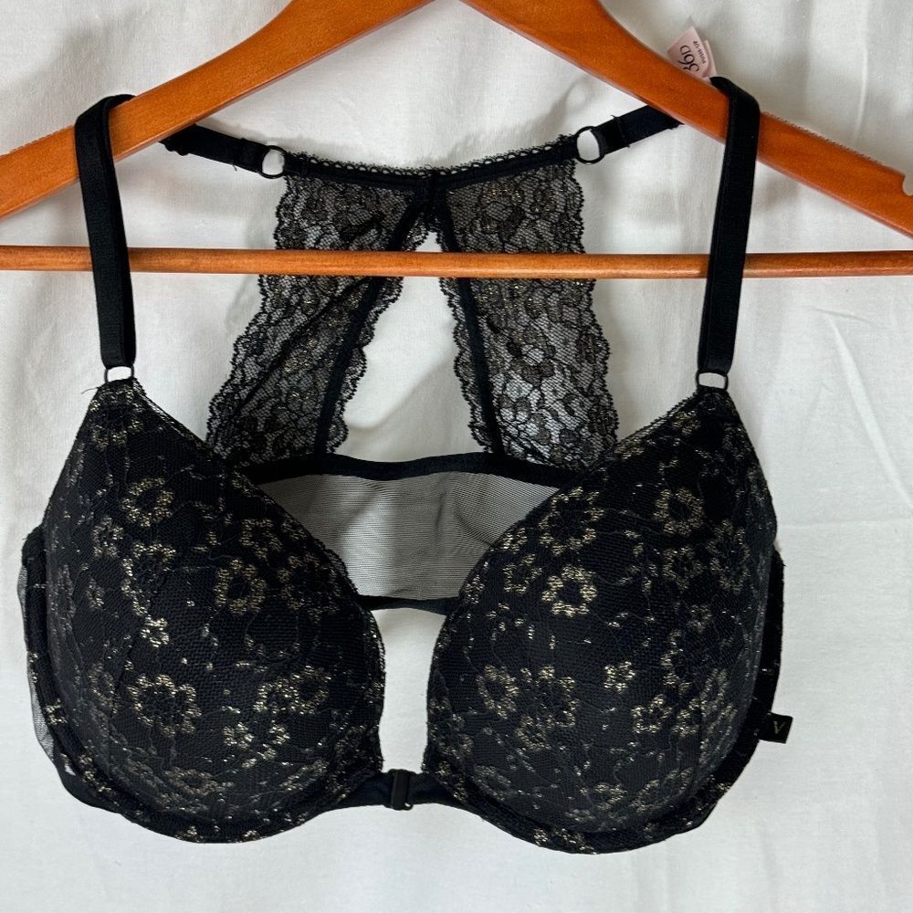 Victoria's Secret Black Lace Daisy Print Racerback Push Up Bra Sz 36D
